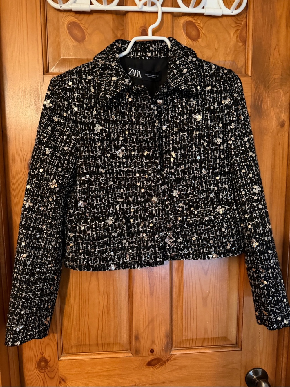Zara Black Tweed Cropped Blazer with Metallic Thread